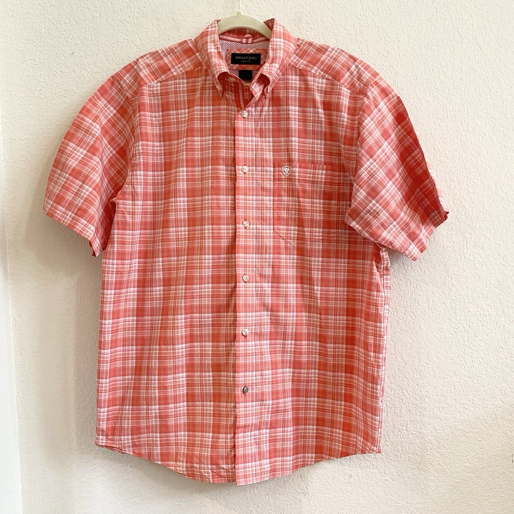 Ariat Shirt Mens M Pro Series Orange Plaid Button Up‎ Fishing Camp Lightweight